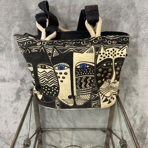 Laurel Burch Wild Cat Canvas Shoulder Tote Bag Purse Black & White